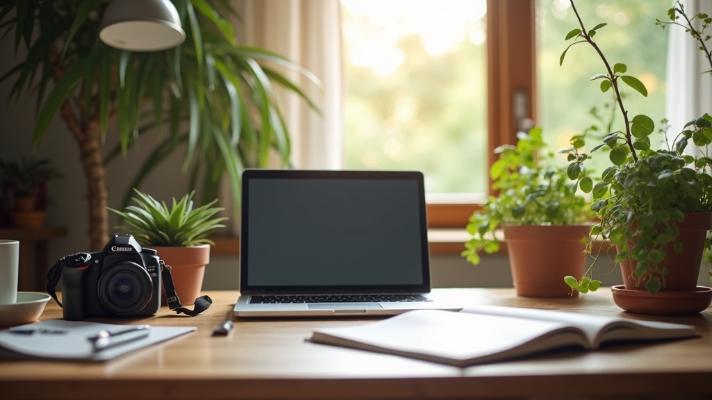 Vloggers Making A Positive Impact In The World 1 A vibrant workspace with a camera, laptop, plants, and bright lighting, emphasizing creativity and positivity in digital content creation.