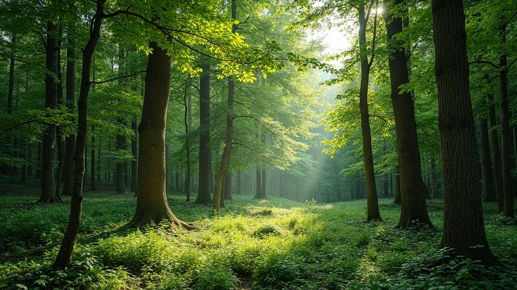 Ai And Trees For Family Outdoor Activities Green forest canopy with sunlight streaming through, showcasing a mixture of different tree species.