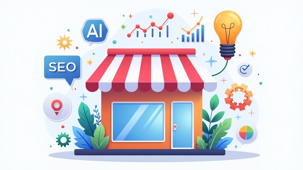 A colorful digital illustration of a small storefront with abstract SEO and AI graphical elements surrounding it; gears, charts, and a lightbulb, symbolizing strategy and growth.