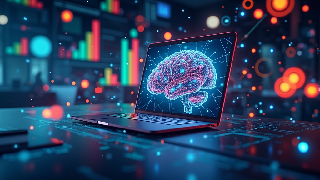 Colorful digital data dashboard with graphs, network connections, and AI/gears imagery illustrating artificial intelligence managing customer data and relationships.