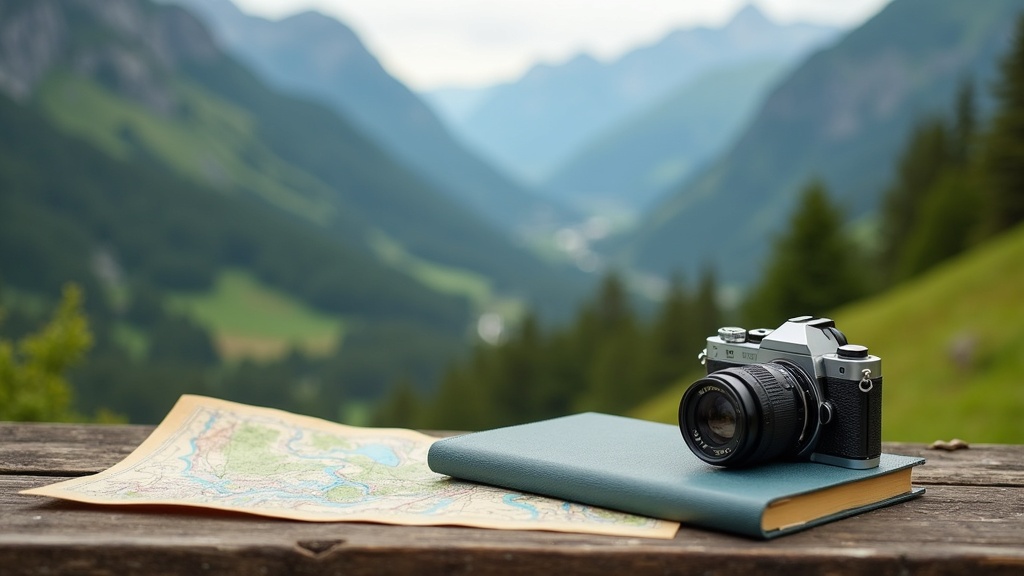 A scenic shot of travel essentials: a camera, notebook, and map on a rustic wooden table with a background of a lush mountain landscape.