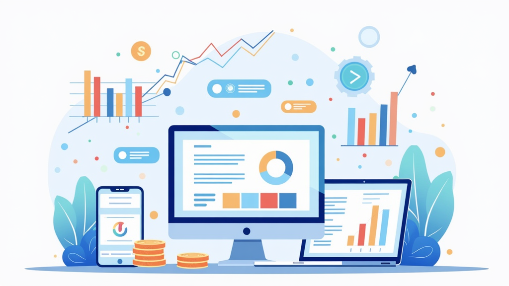 Affiliate Marketing Expert Roundup 2 Flat illustration of affiliate marketing tools and digital dashboards with charts, links, and coins.