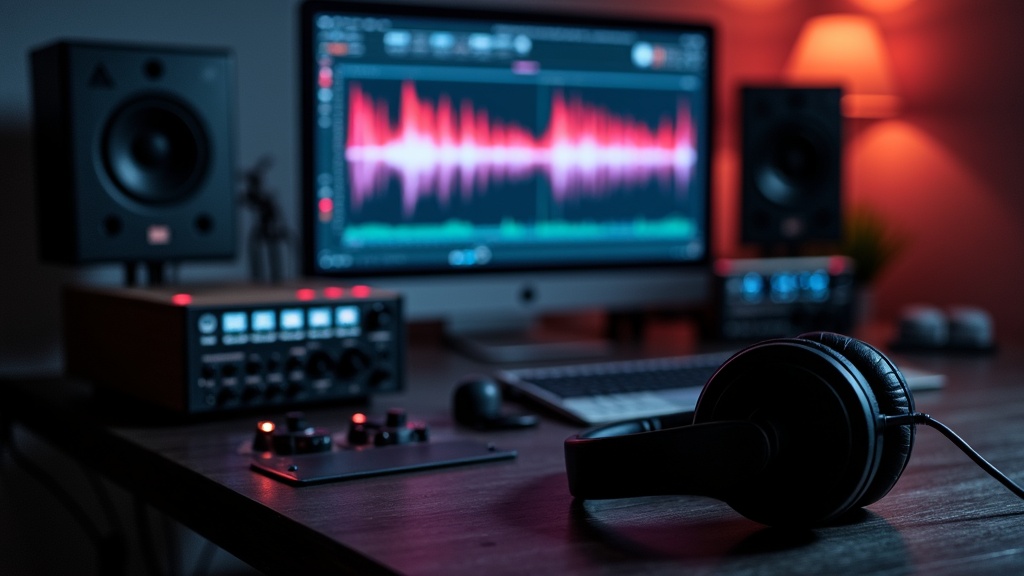 Audio editing software interface with waveforms, volume sliders and project timeline