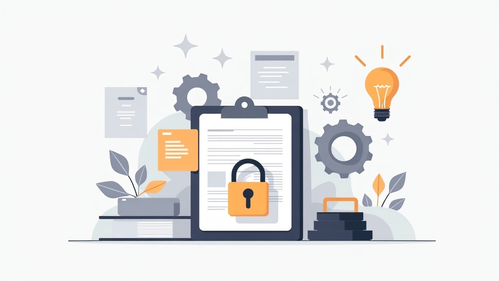 abstract image representing intellectual property law with symbols like a lock, gears, and documents