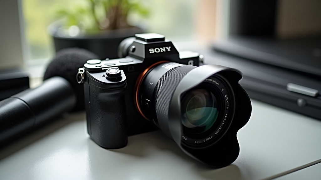 Sony A7S III camera with lens mounted, sitting on a table next to compact vlogging accessories.
