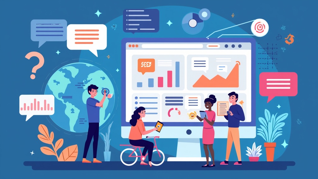 Seo and Ai For Content Creators 2 Colorful digital illustration of AI tools interacting with SEO graphs and web pages; no people, text, or logos.