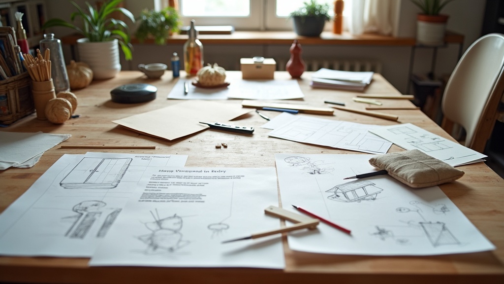 Concept drawing of an invention idea, sketched freely on paper next to simple prototypes and drawing tools.