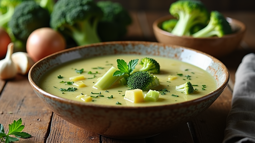 Bowl of creamy broccoli soup garnished with fresh herbs