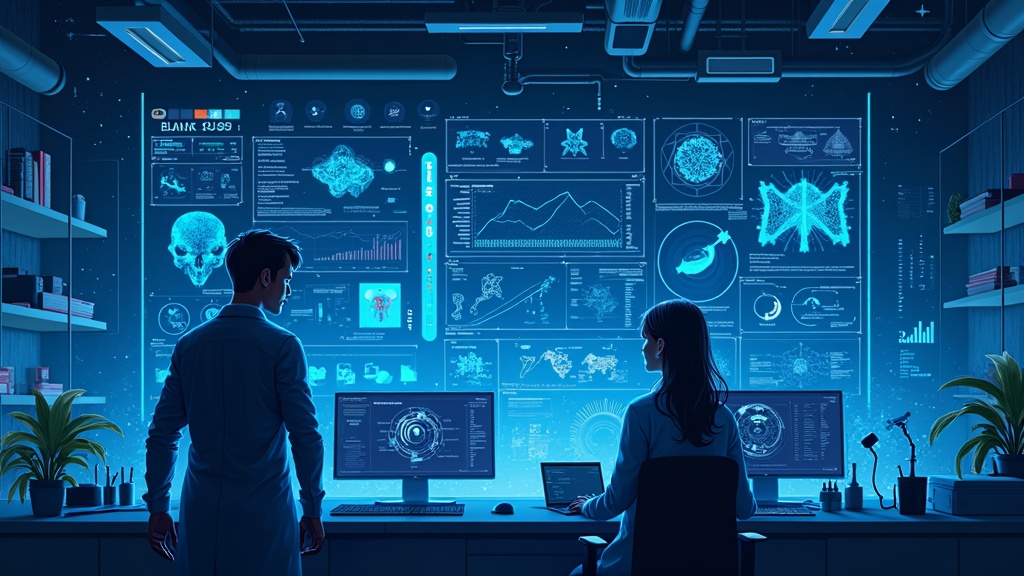 A digital illustration showing AI analyzing medical data, DNA, and medical scans to suggest personalized cancer treatments