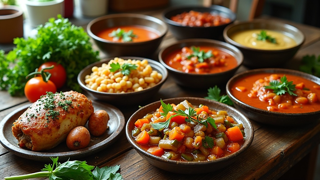 Healthy and colorful crockpot dishes on a table