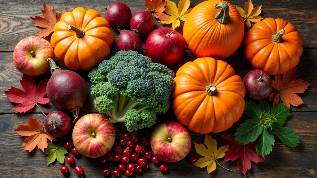 Bowl of colorful autumn vegetables and fruits, such as pumpkin, sweet potatoes, apples, and cranberries