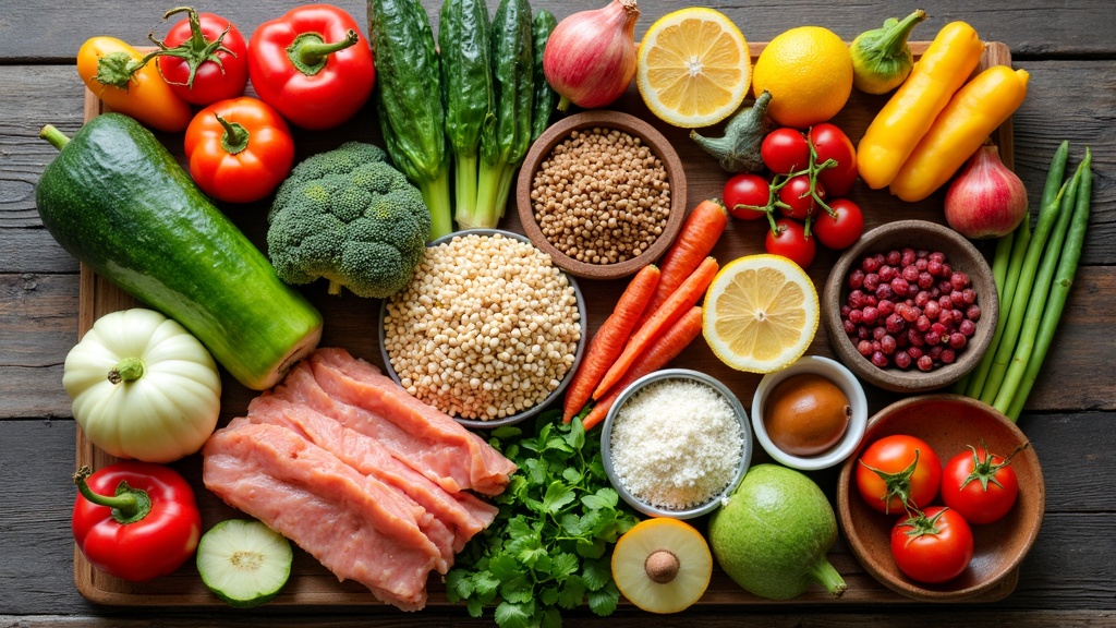 Colorful selection of whole grains, fruits, and vegetables displayed on a rustic wooden table, symbolizing balanced eating.