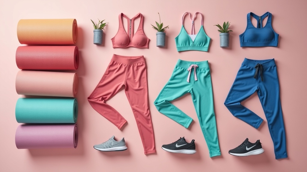 A flat lay photo of colorful activewear: leggings, cropped tops, sports bras, and yoga mats.