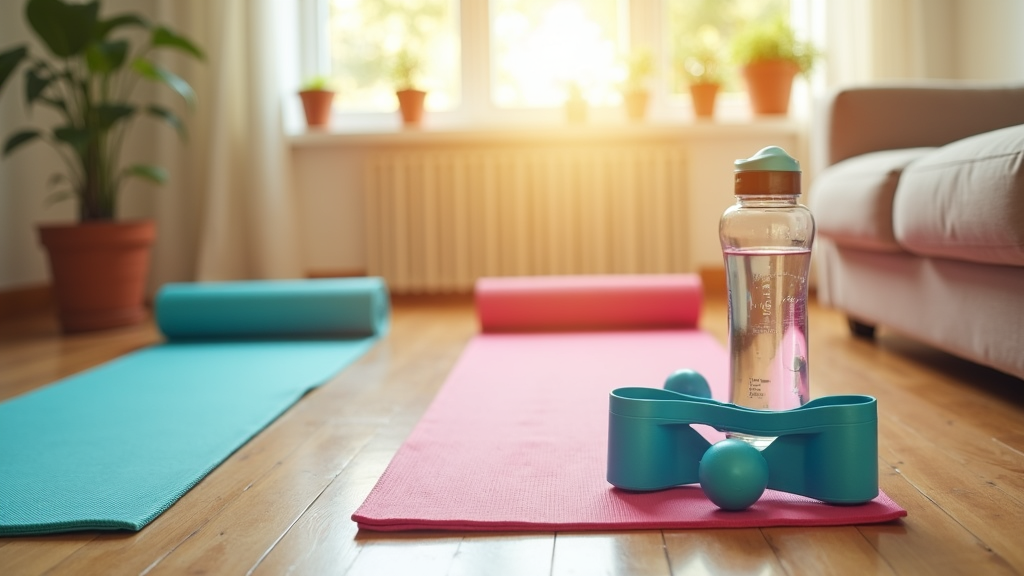 Colorful yoga mats and home fitness equipment in a bright living room