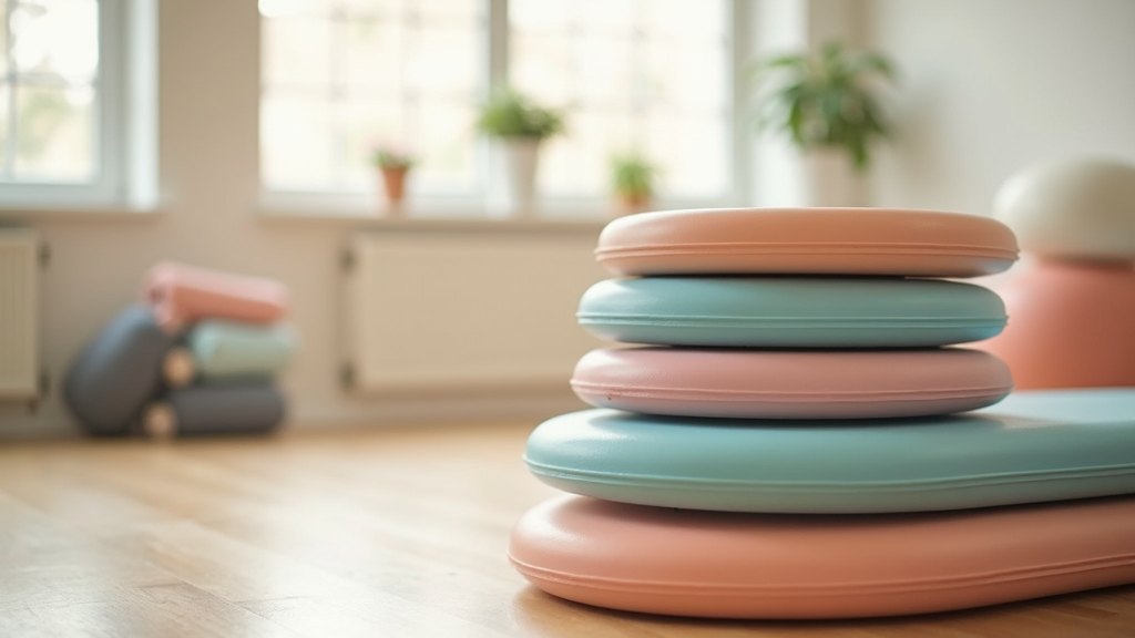 A stack of Pilates boards in various pastel colors on display in a sunlight studio.