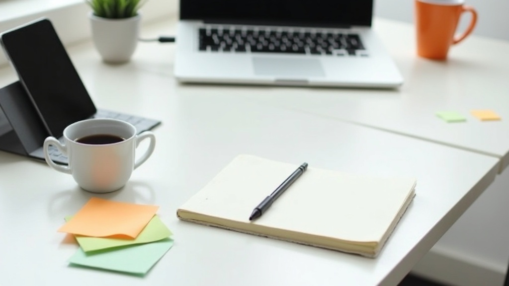 Minimal-budget business validation: laptop, coffee, notepad, sticky notes, and mobile phone on table. Brainstorming and minimal workspace for startup entrepreneurs.