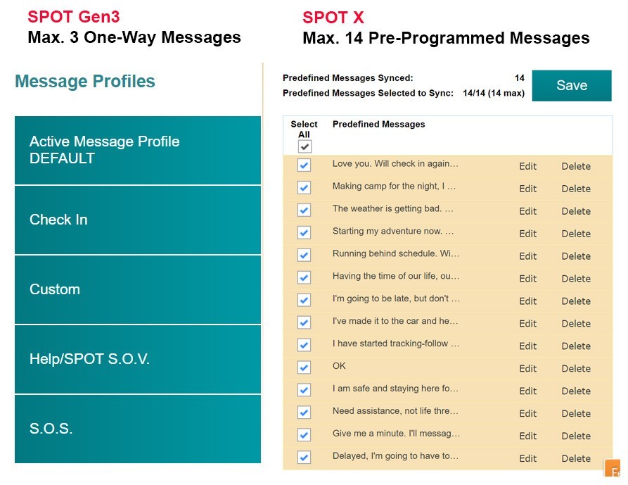 SPOT X vs Gen3 Pre-Programmed Messages SPOT X vs Gen3 Pre-Programmed Messages