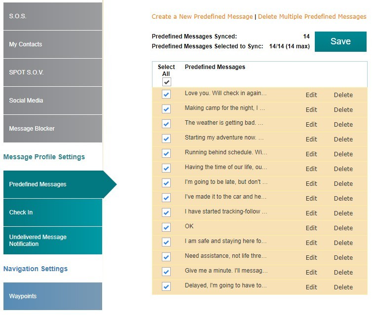 SPOT X Pre-Defined Messages