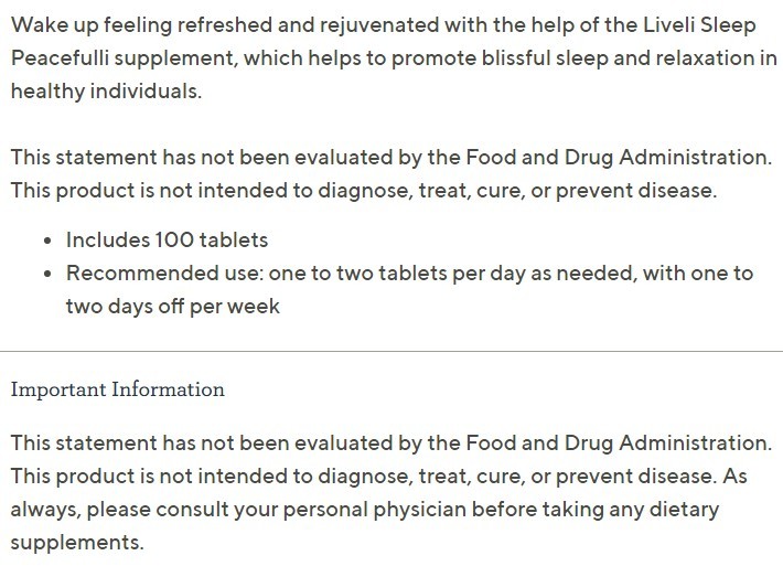 This is what you would find on the package for Liveli Sleep Peacefulli Supplement