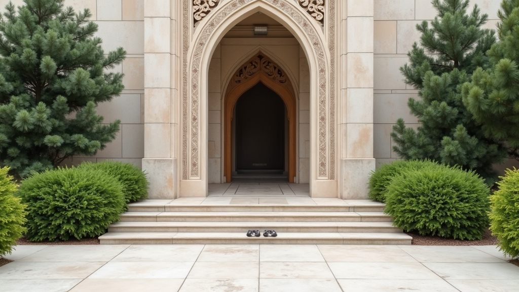 A welcoming mosque entrance with greenery and shoes on the steps. Not showing people.