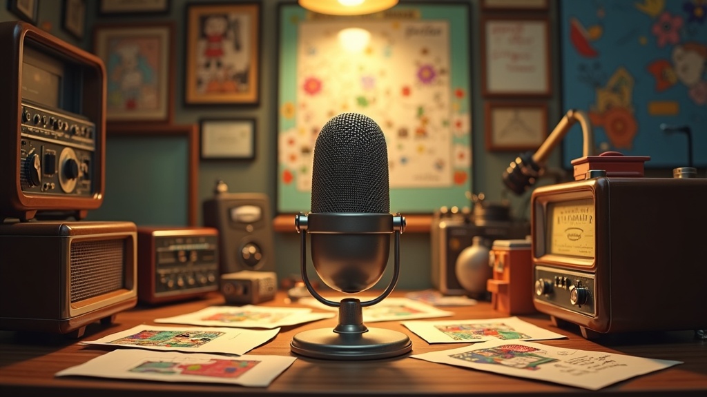 A cozy vintage radio studio with colorful animation sketches and retro equipment scattered across a desk. A bright microphone sits at the center, capturing the lively spirit of classic voice acting.
