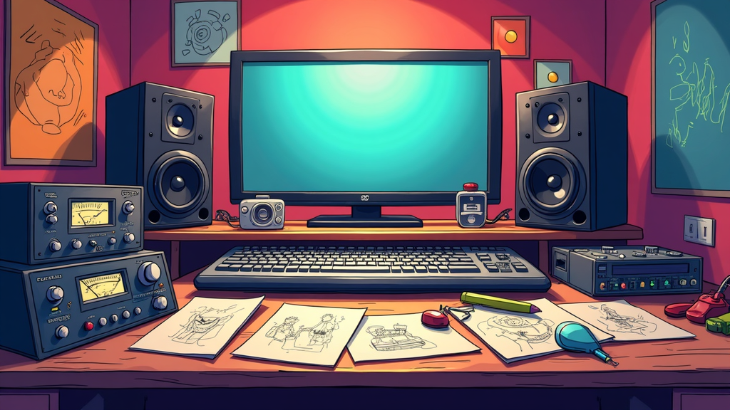 A vibrant cartoon sound booth filled with colorful audio equipment and animation sketches scattered on the table.