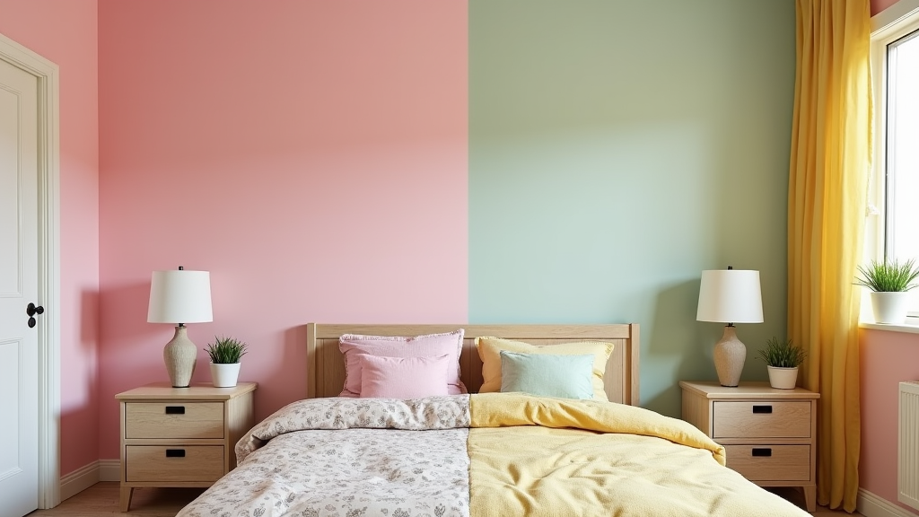 A child's room divided into a pink-themed and a gender-neutral section