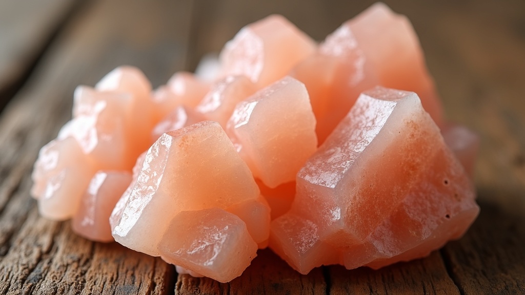 A close-up of pink Himalayan salt crystals on a rustic wooden surface.