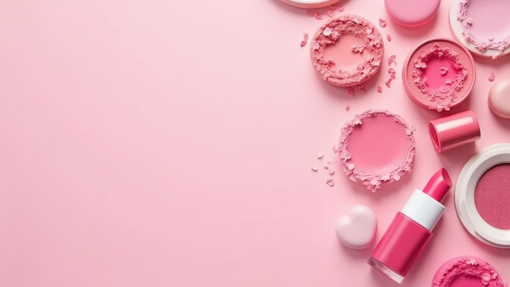 A flat lay of different pink makeup products, like eyeshadows, blushes, and lipsticks, arranged on a simple pink background.