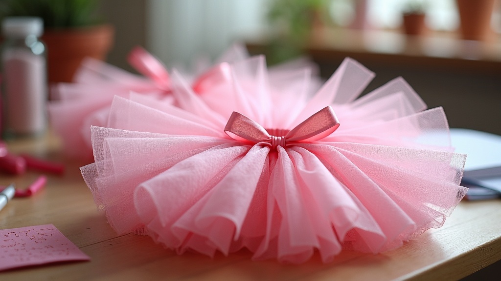 Pink tutu skirts arranged with crafting tools
