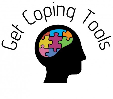A brain with a puzzle inside and a header saying 'get coping tools'
