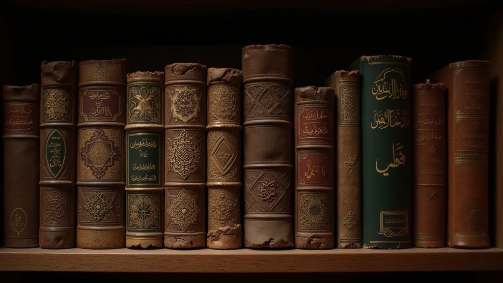 A shelf with well-worn classical books featuring ornate Arabic patterns and calligraphy, symbolizing traditional Islamic scholarship.