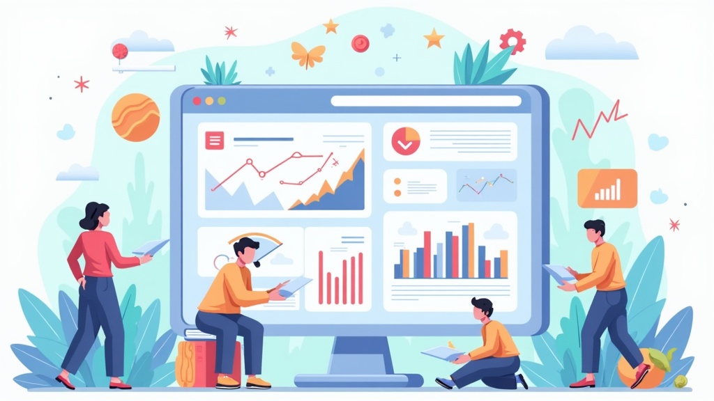 An illustration showing an online learning platform dashboard with charts, resources, and website-building icons. It shows a colorful, engaging digital landscape and hints at an online community, without showing any people.