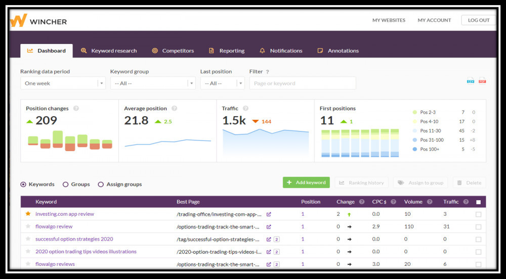 Wincher Dashboard View for a live website