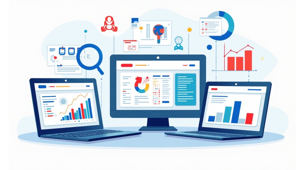 Colorful collage of digital tools and research icons representing online niche research tools