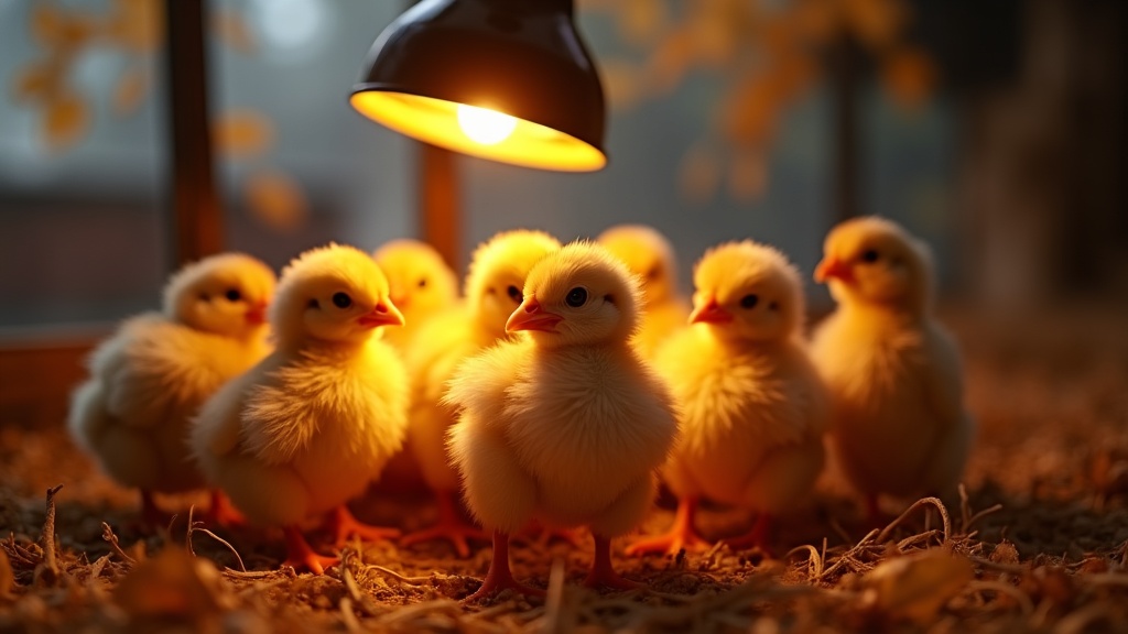 a group of hatched chicks huddled together under a heat lamp in a barn setting