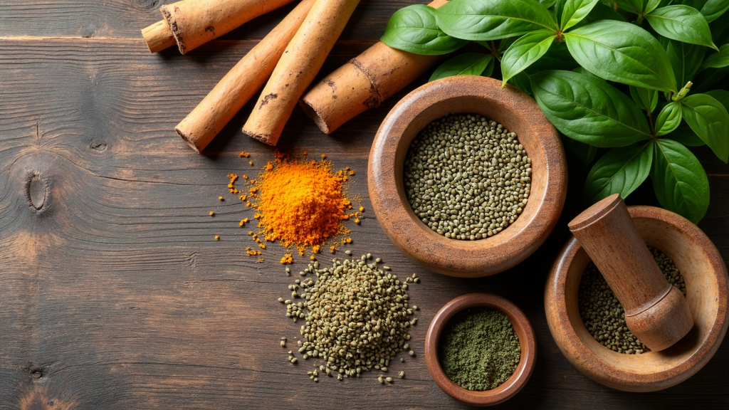 Various diabetes-friendly herbs arranged on a rustic wooden table, such as cinnamon sticks, fenugreek seeds, fresh bitter melon, holy basil leaves, and turmeric root, surrounded by small bowls and wooden spoons.