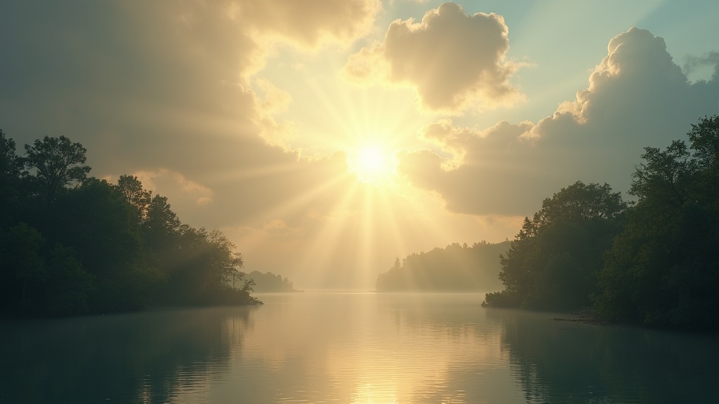 Sunshine streaming through clouds over a calm forest landscape