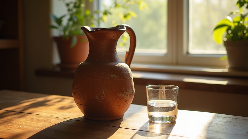 A rustic clay water jug on a wooden table, sunlight filtering through a window and a glass of clear water next to it. No people or hands in the scene.