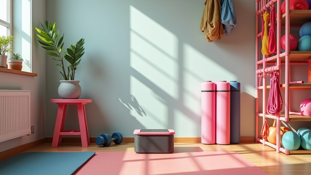 Colorful collection of dumbbells, resistance bands, yoga mat, all set out in a bright home fitness corner