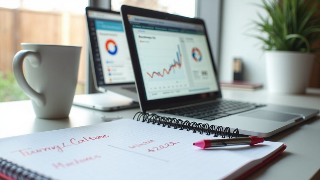 A workspace with a laptop, notes, and a mug, highlighting online training materials and growth graphs.