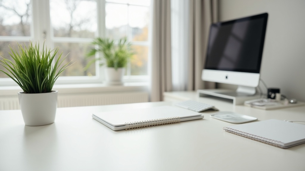 A home workspace setup with a computer, notepad, and potted plant on a bright, tidy desk. 