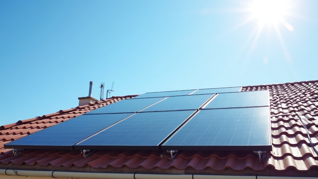Affordably priced solar panels set up on a sunlit rooftop, with bright blue sky above. Panels are arranged neatly, reflecting sunlight with visible wiring and mounting hardware in view. Nearby, an inverter or battery system is connected, showing how the system is put together.