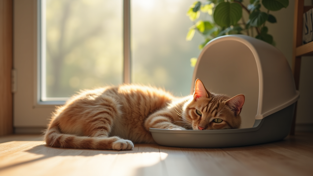 A cozy tabby cat relaxing next to a clean litter box, bright window light
