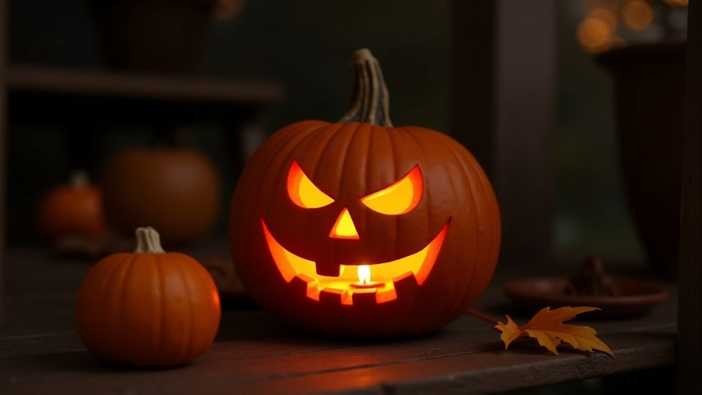 A carved pumpkin jack-o’-lantern on a wooden porch with a lit candle inside, surrounded by smaller pumpkins and leaves. Warm candlelight glows from the pumpkin’s face, creating a cozy Halloween evening atmosphere.
