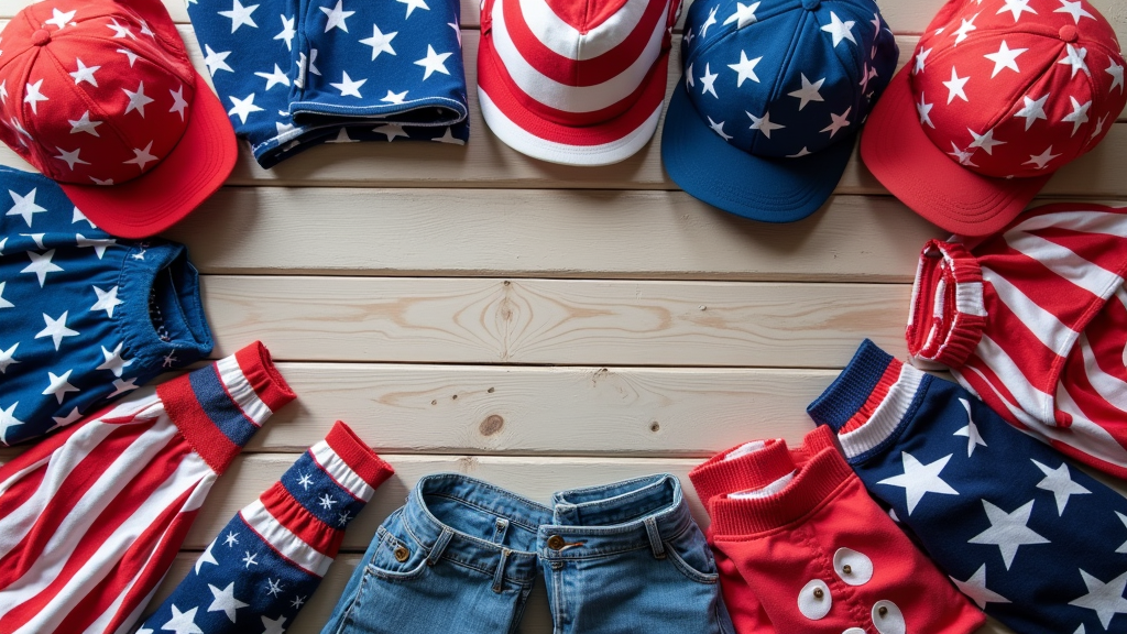 Assorted American flag-themed hats, shirts, and accessories laid out on a rustic wooden table.
