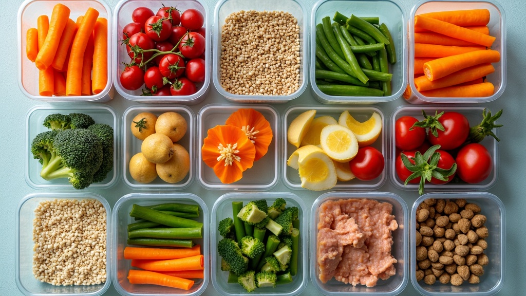 Overhead view of a colorful meal prep layout with grains, protein, and vegetables neatly arranged in containers. No people or text.