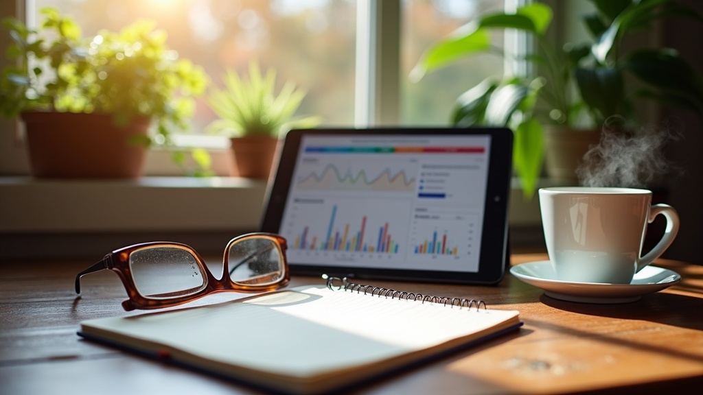 A cozy workspace featuring a tablet showing a digital ad dashboard, antique reading glasses, a steaming mug, and a notepad with bold pen marks. Sunlight streams in through a plant-filled window, and everything is arranged neatly on a worn wooden desk.