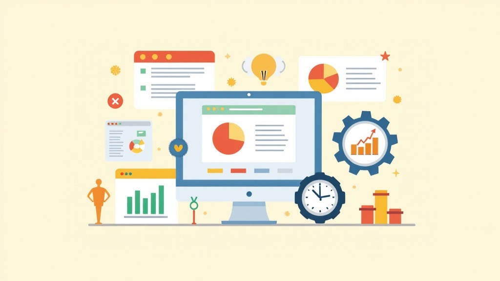 A colorful collage of digital marketing icons like social media, analytics charts, and email envelopes on a neutral background.