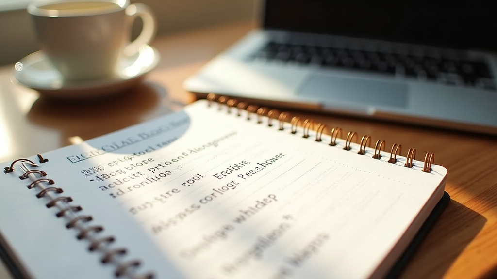 10 Hidden Dead Ends That Keep Bloggers Stuck (And The 4-Step Map That Solves Them) 2 A notebook with blog niche ideas and a cup of coffee on a desk.